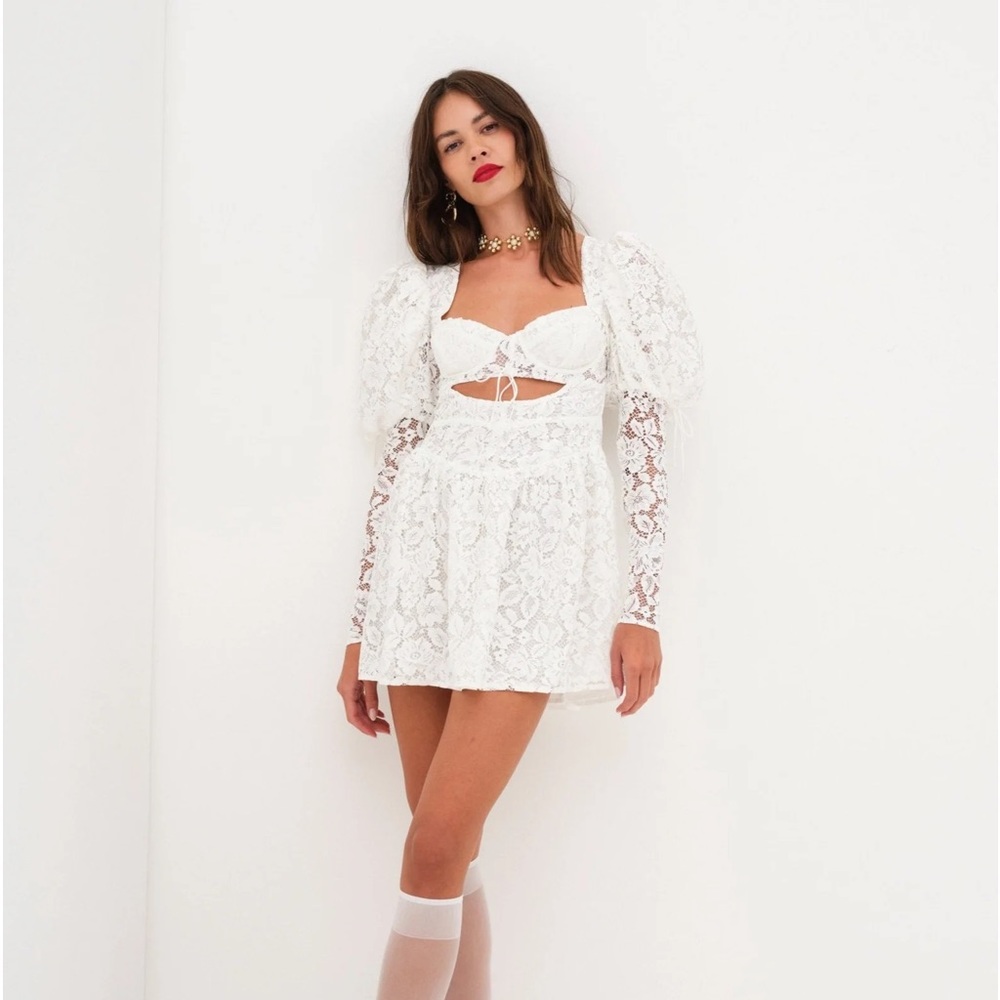 For Love & Lemons Frances Puff Sleeve Mini Dress XS/White